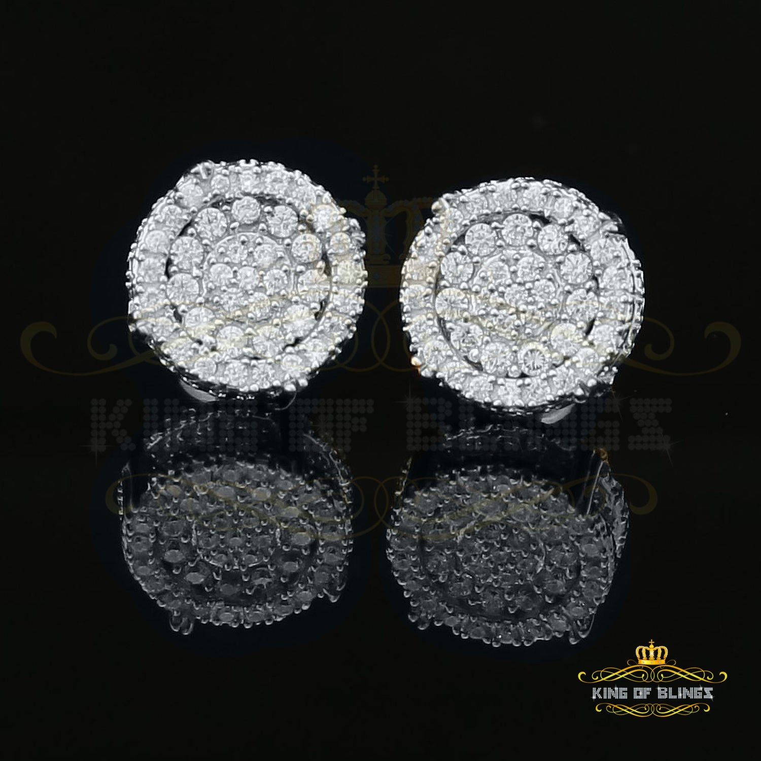 King of Blings- White Sterling Silver 1.32ct Cubic Zirconia Hip Hop Round Earrings for women's KING OF BLINGS