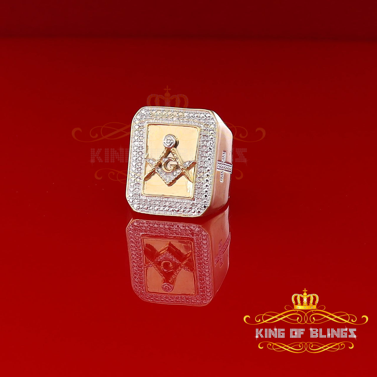 King Of Bling's Real 0.20CT Diamond Masonic 925 Yellow Sterling Silver Men's Big Ring Size 10