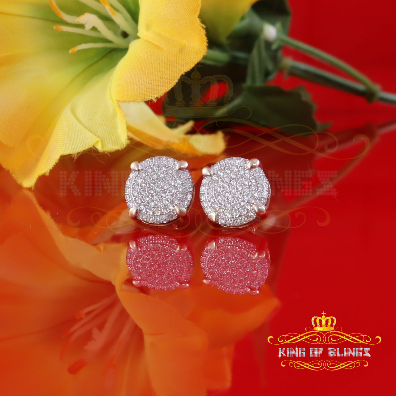 King of Bling's Aretes Para Hombre 925 Yellow Silver 1.06ct Cubic Zirconia Round Mens Earrings