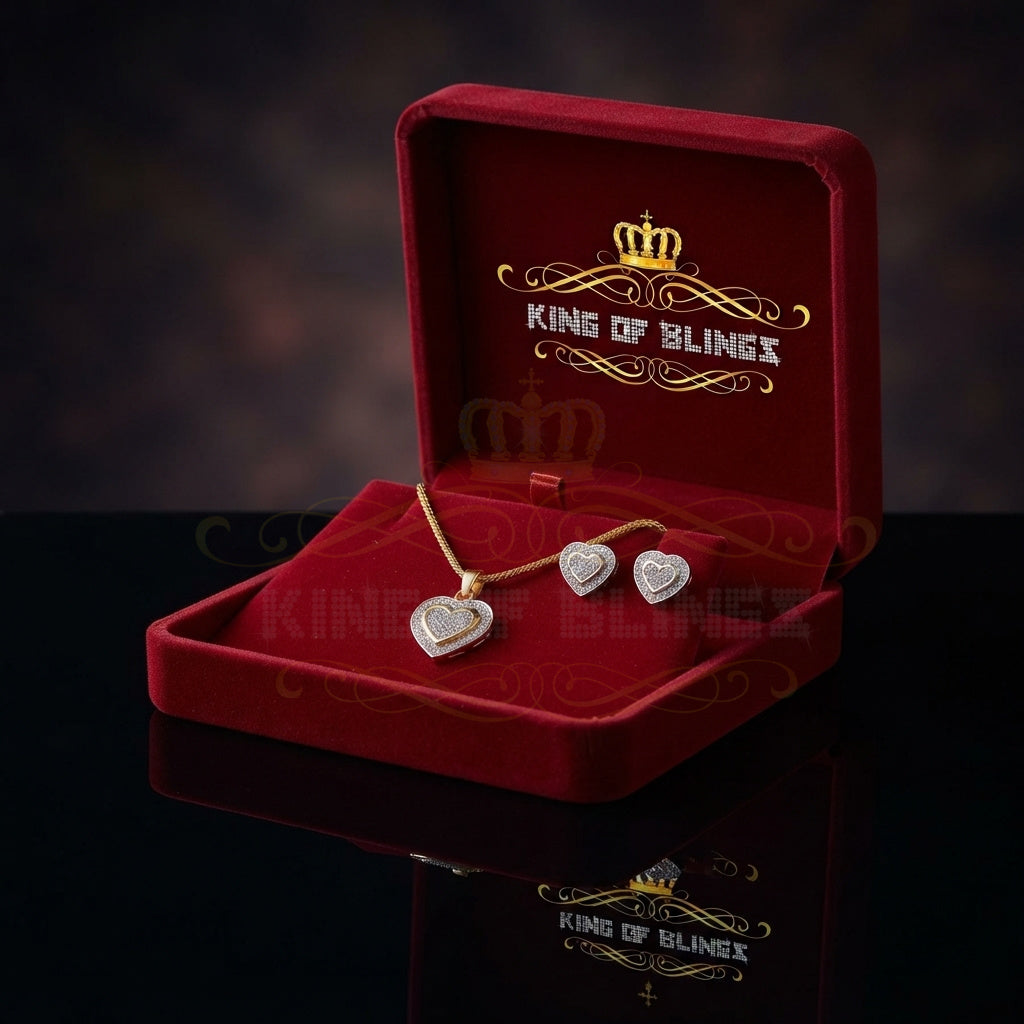 King of Bling's 925Yellow Silver 0.50CT Diamond Double-Layer Concentric Heart Pendant&EarringSet King of Blings