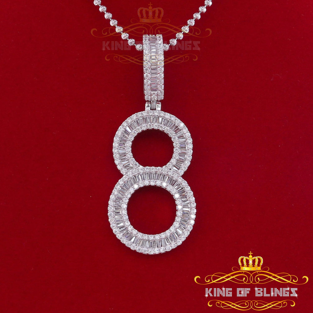 925 Sterling White  Silver Baguette Numerical '8' Pendant 5.32ct Cubic Zirconia KING OF BLINGS