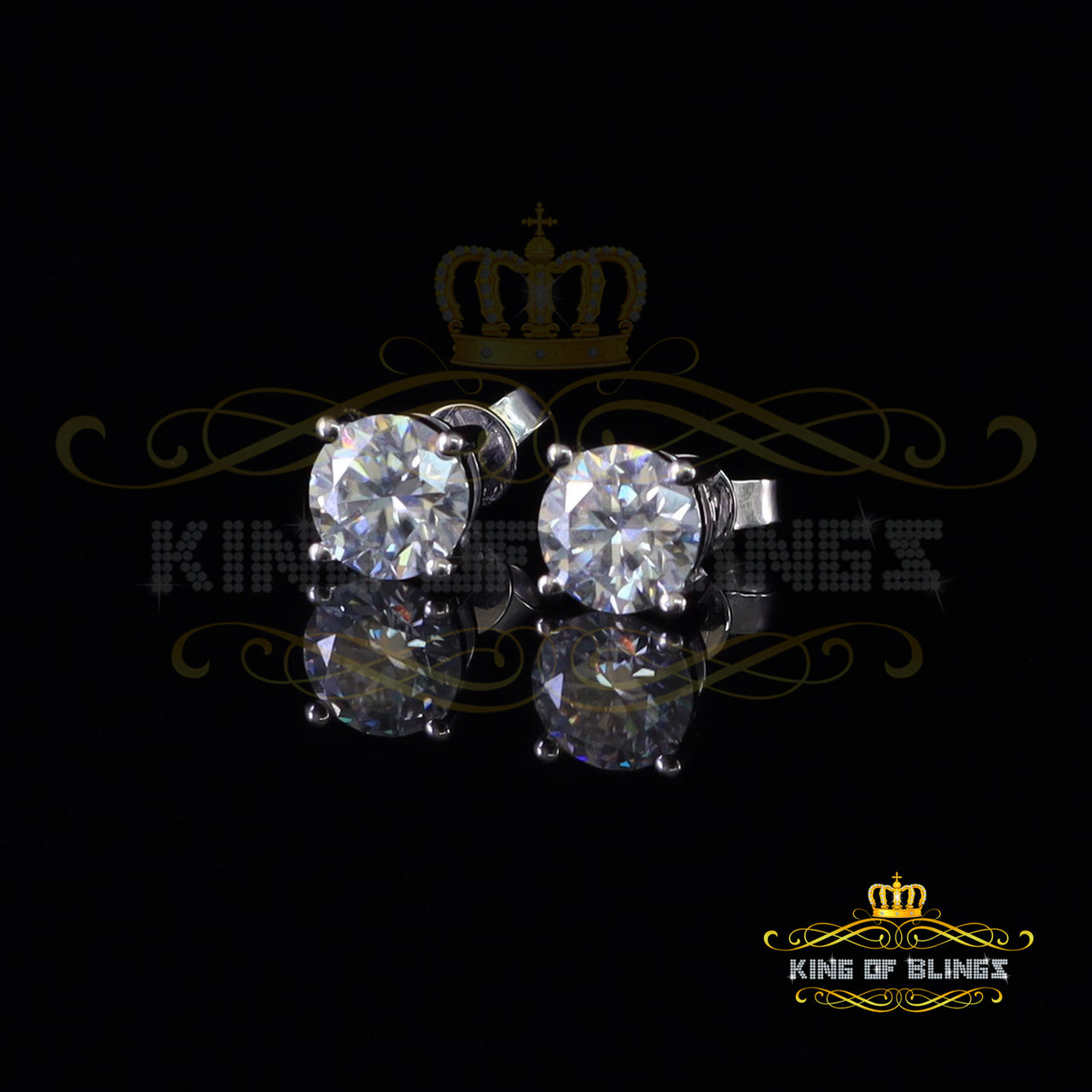 King Of Bling's 10k Real White Gold with 3.00ct Round VVS 'D' Color Moissanite Stud Earrings