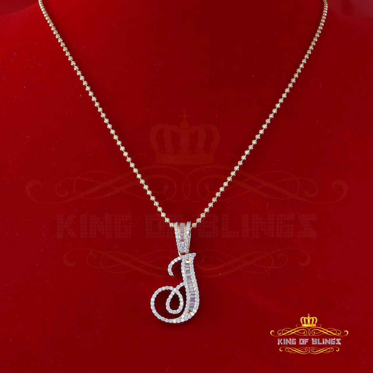 King Of Bling's 925 Silver Yellow 2.0ct VVS D Clr. Moissanite J Letter Baguette Pendant for Mens/Women's
