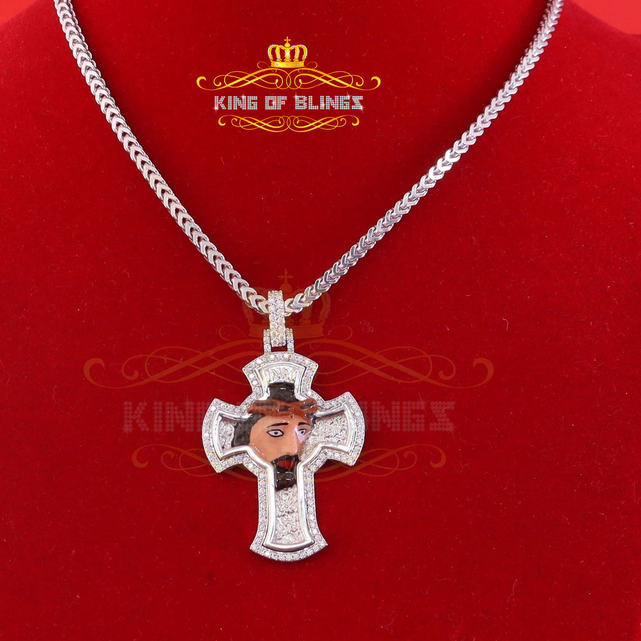 King Of Bling's Men's 'VVS ' IF'D' Moissanite 1.00CT Sterling Silver JESUS White Cross Pendant KING OF BLINGS