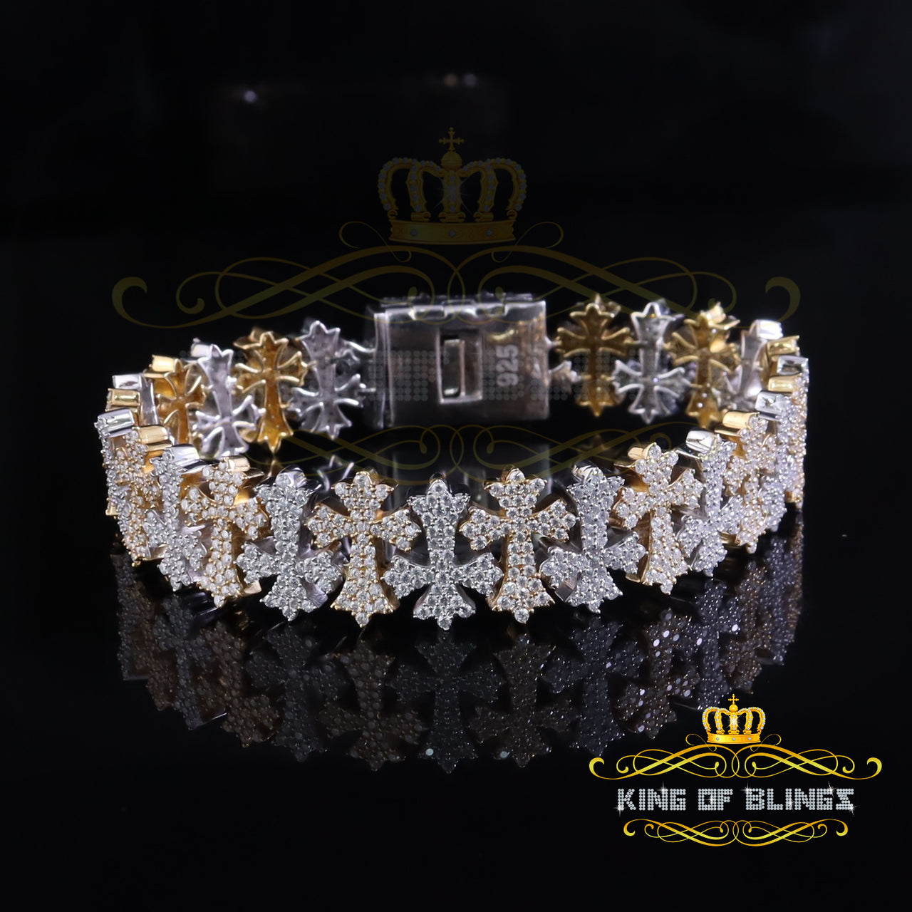 King Of Bling's 925 Silver White Cross 9.00ct Moissanite Coptic Cross Bracelet 8 Inch Mens/Women