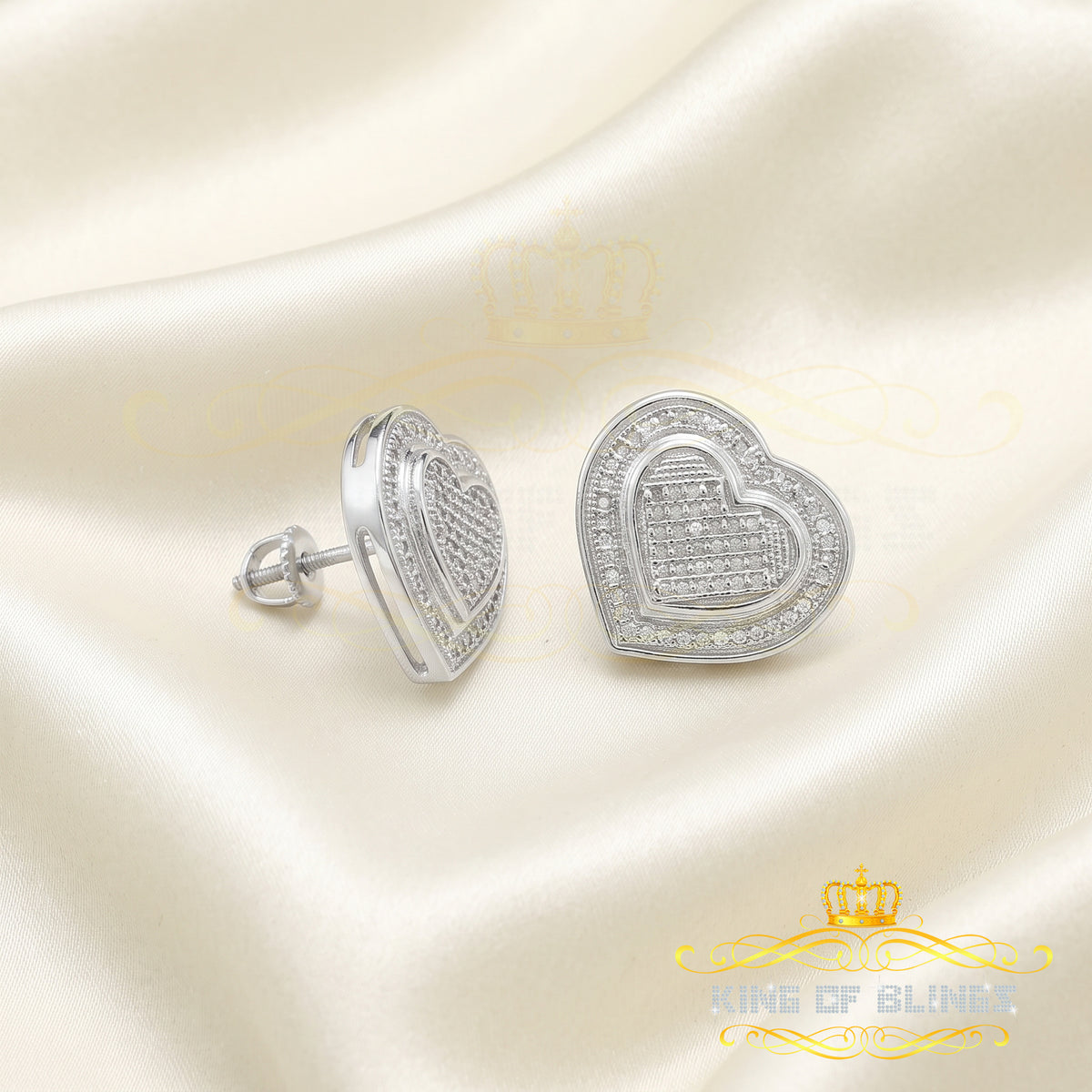 King Of Bling's Aretes Para Hombre 925 White Silver 0.33ct Diamond Women's Heart Style Earrings KING OF BLINGS