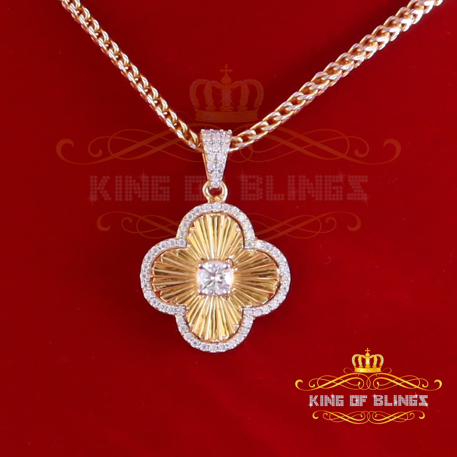 King Of Bling's 925 Silver Yellow Solitaire Moissanite 3.00ct For Women's Clover Charm Pendant KING OF BLINGS