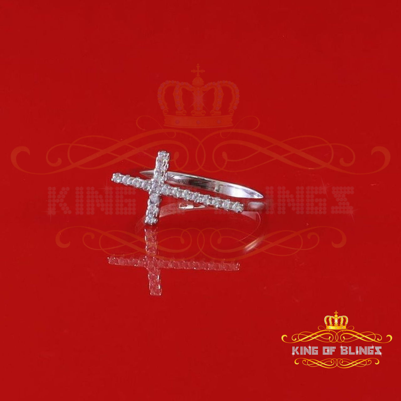 King Of Bling's925 Sterling White Silver 0.19CT Cubic Zirconia Womens Cross Ring Size 6