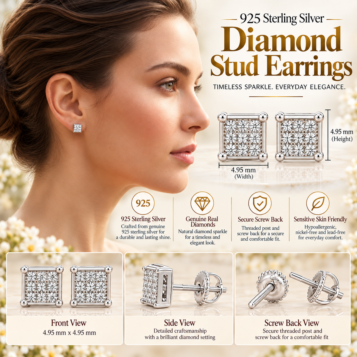 King Of Bling's 925 Sterling Silver 0.05ct Small Diamond Women's & Men's White Square Earring KING OF BLINGS
