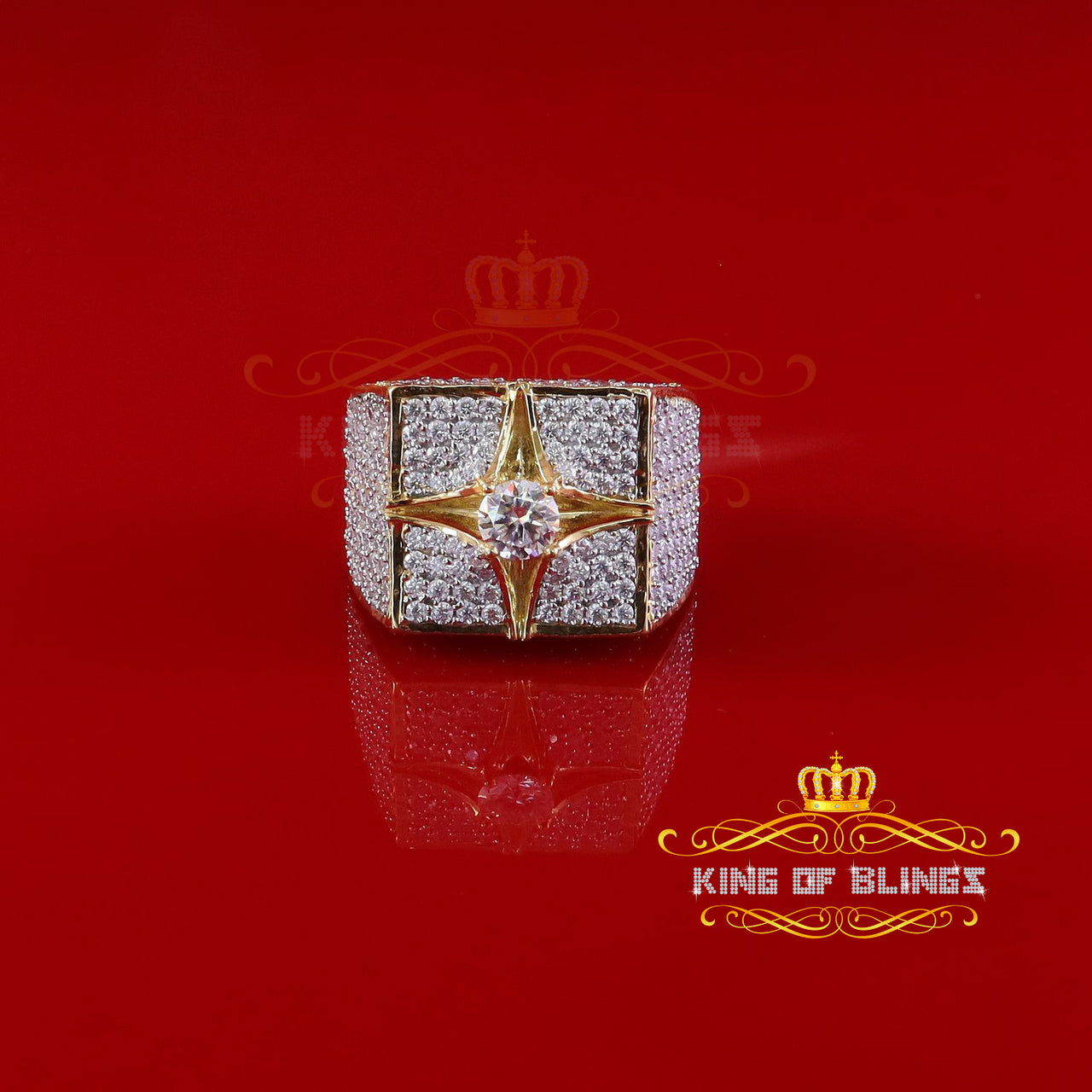 King of Bling's 925 Yellow Sterling Silver 7.00ct VVS 'D' Moissanite Square Men's Rings Size 10
