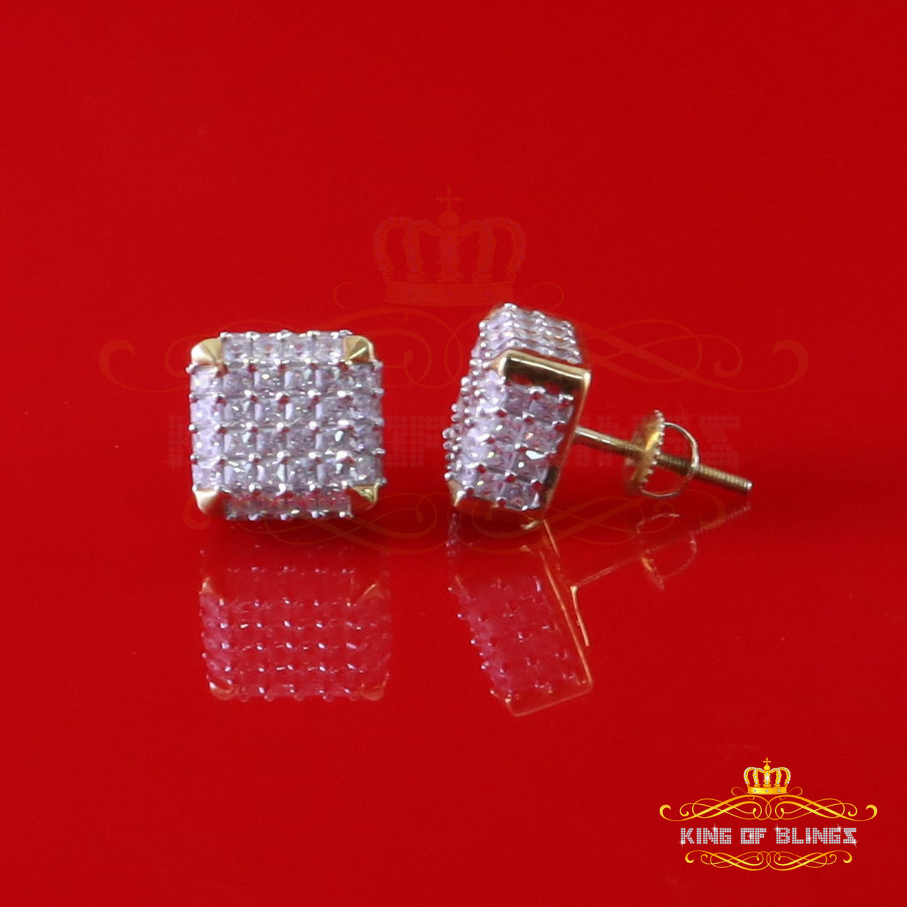 King of Bling's 1.95ct Cubic Zirconia 925 Yellow Silver Women & Men Hip Hop Square Earrings
