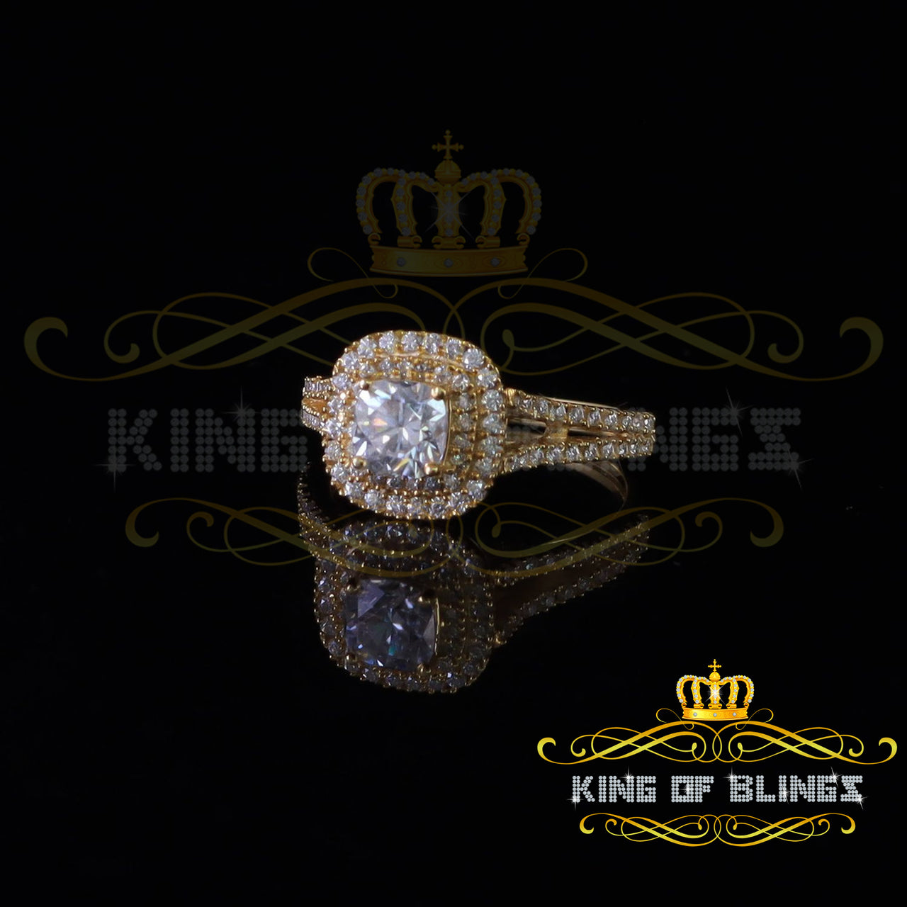 King Of Blings  10K Yellow Gold 2.00CT 'VVS' 'FL' D clr Cushion Cut Moissonite Womens Ring S/7