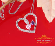 King Of Bling's Two Stones Pink Blue Heart Solitaire 0.1ct Silver Diamonds White Charm Pendant KING OF BLINGS