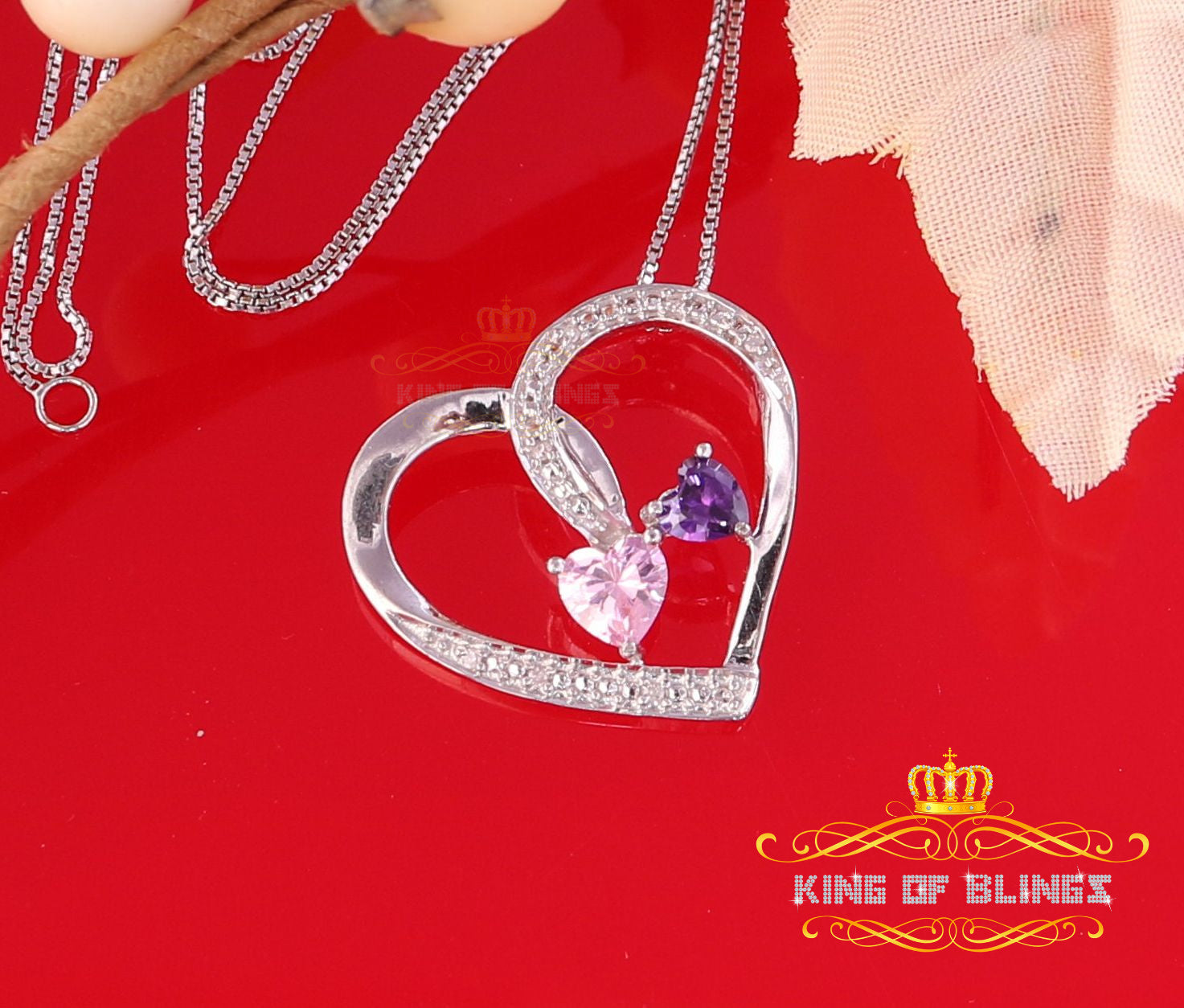 King Of Bling's Two Stones Pink Blue Heart Solitaire 0.1ct Silver Diamonds White Charm Pendant KING OF BLINGS
