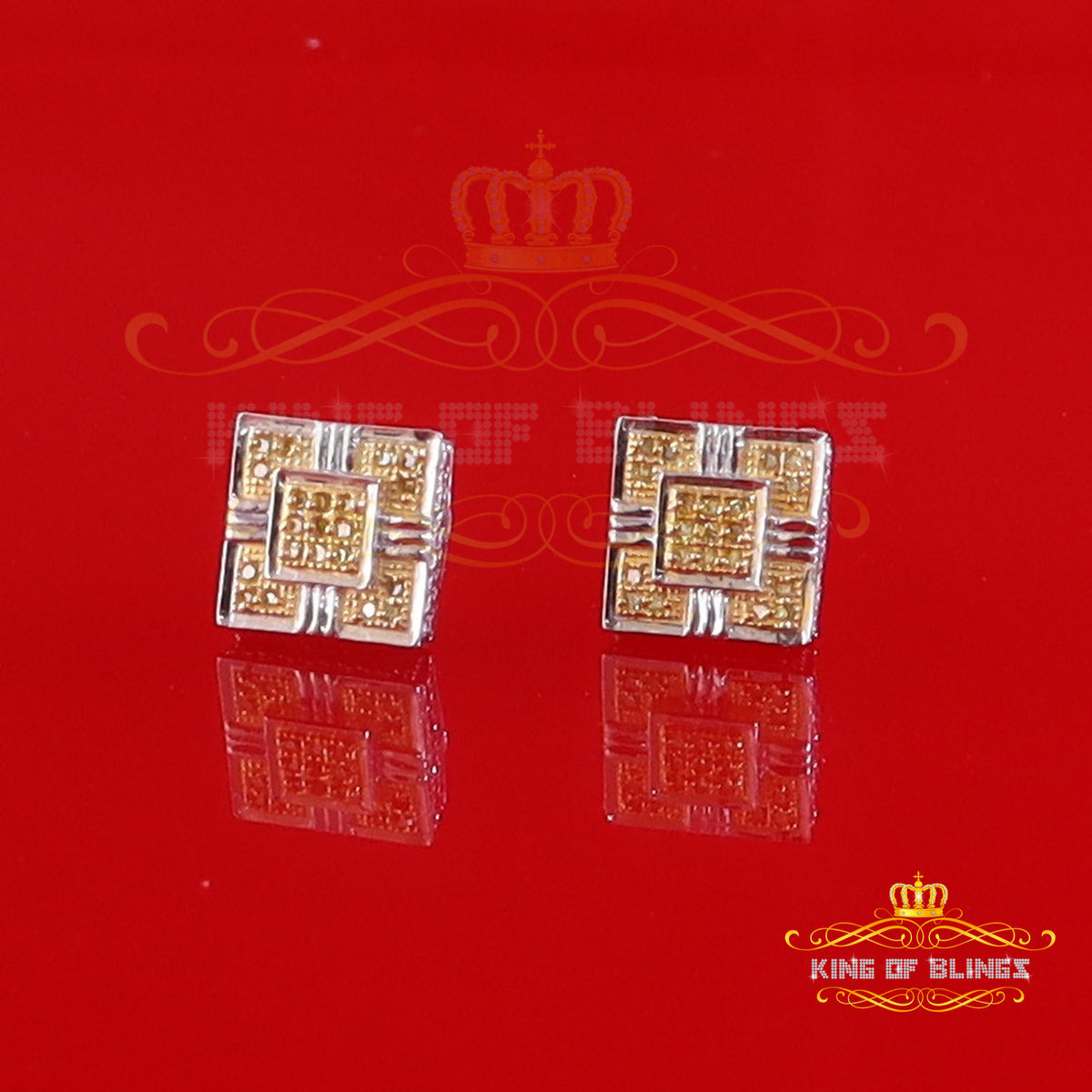 King Of Bling's 0.15ct Round Genuine Yellow Diamond 3D Square Earring 925 Sterling White Silver