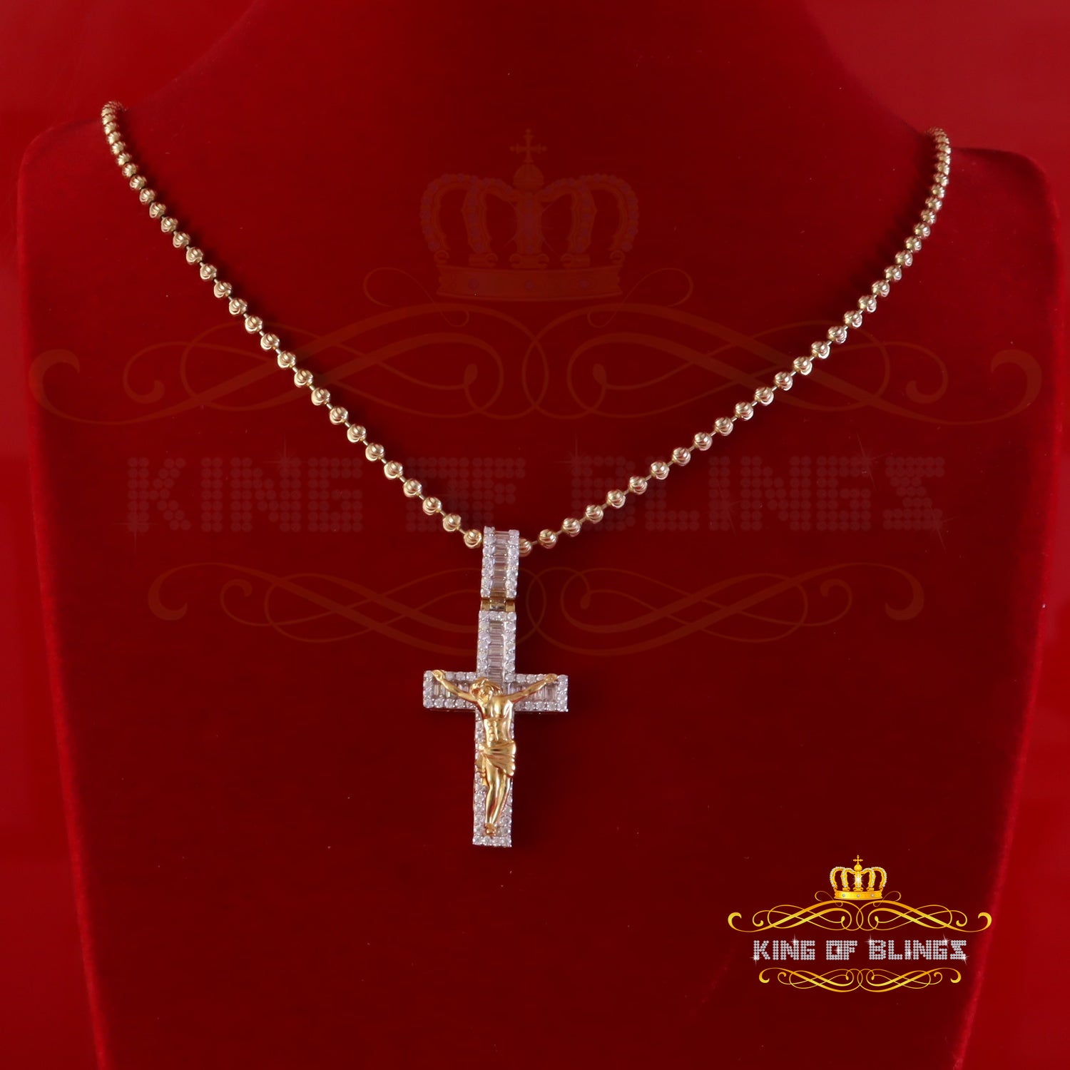 King Of Bling's Yellow Silver 2.25ct VVS D Clr. Moissanite Baguette Jesus Cross Pendant Women's KING OF BLINGS