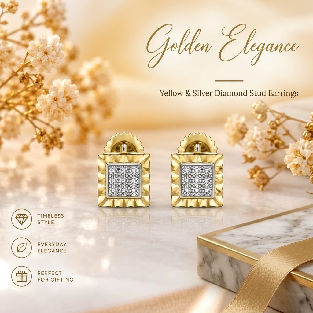 King Of Bling's 0.05ct Diamond For Yellow 925 Sterling Silver Men's & Women's Square Earrings KING OF BLINGS
