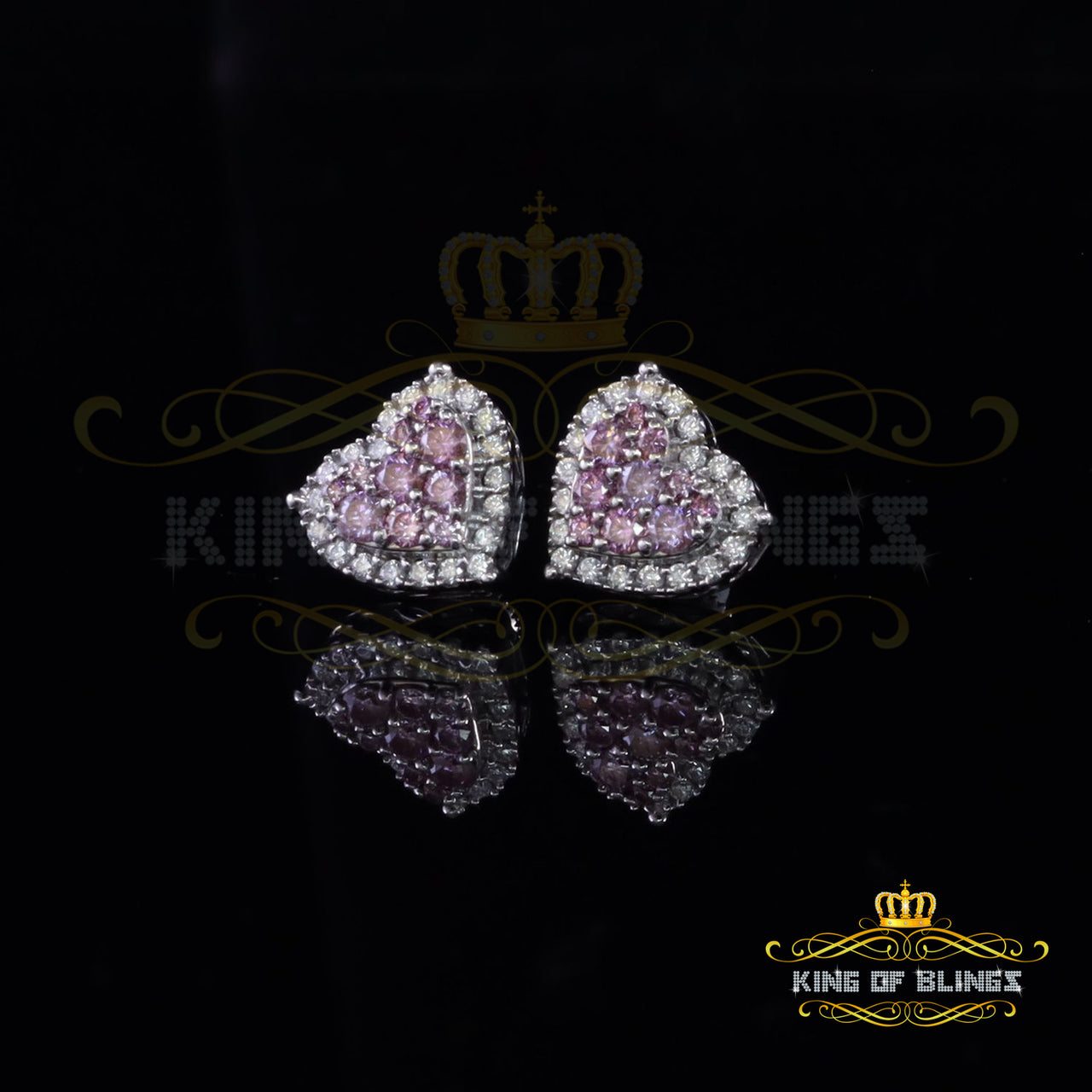 King of Bling's New Men's/Women's 1.66 ct VVS D Pink Moissanite 925 Silver White Heart Earrings
