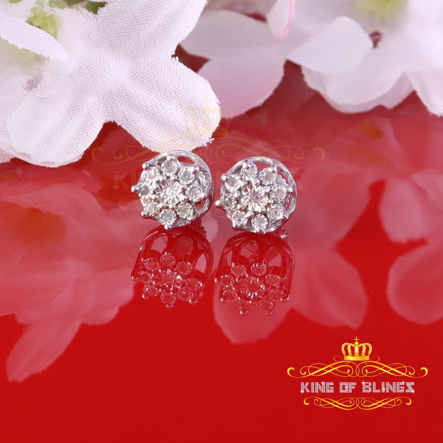 King Of Bling's 0.05ct Diamond 925 Sterling Silver White For Men's & Women's Floral Earrings KING OF BLINGS