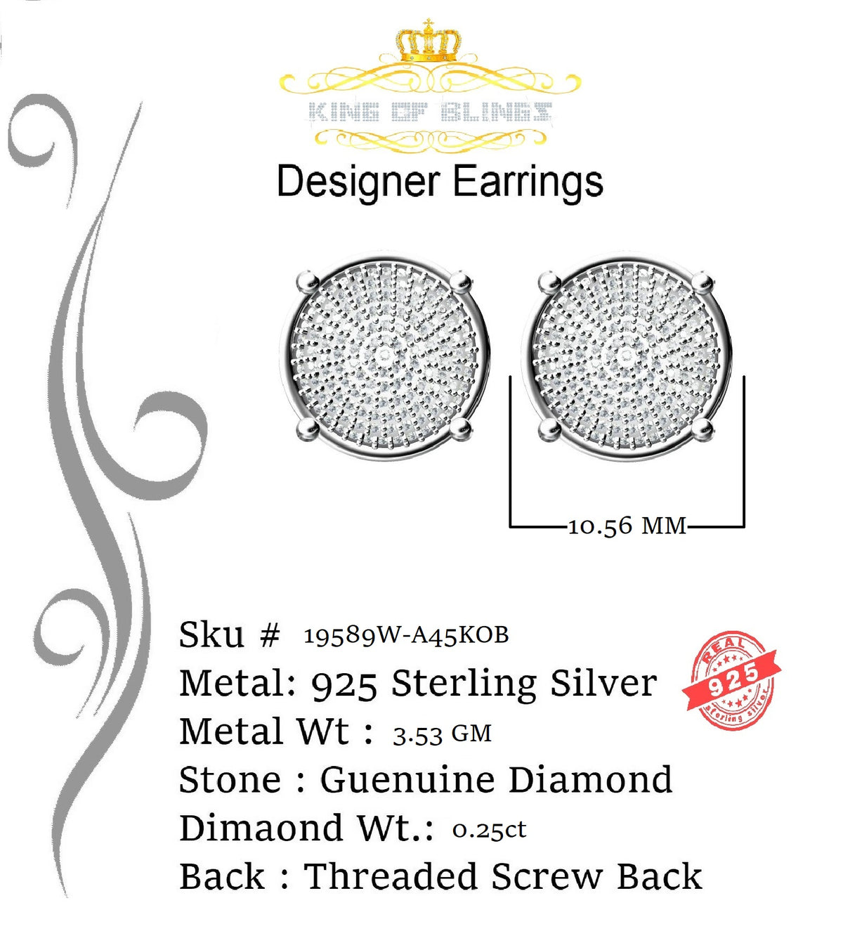 King Of Bling's 0.25ct Diamond 925 Sterling Silver White For Men & Women Stud Round Earrings KING OF BLINGS