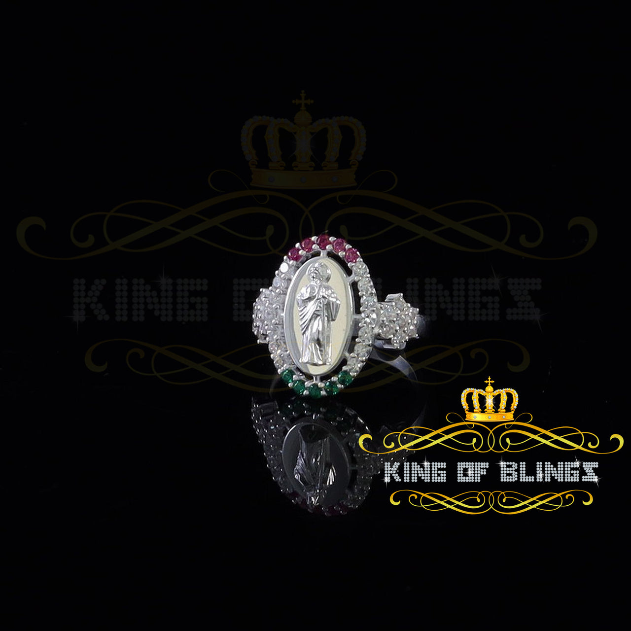King Of Bling'sWhite 925 Silver Saint Jude Thaddeus Pink & Green stone Women Religious Ring SZ7