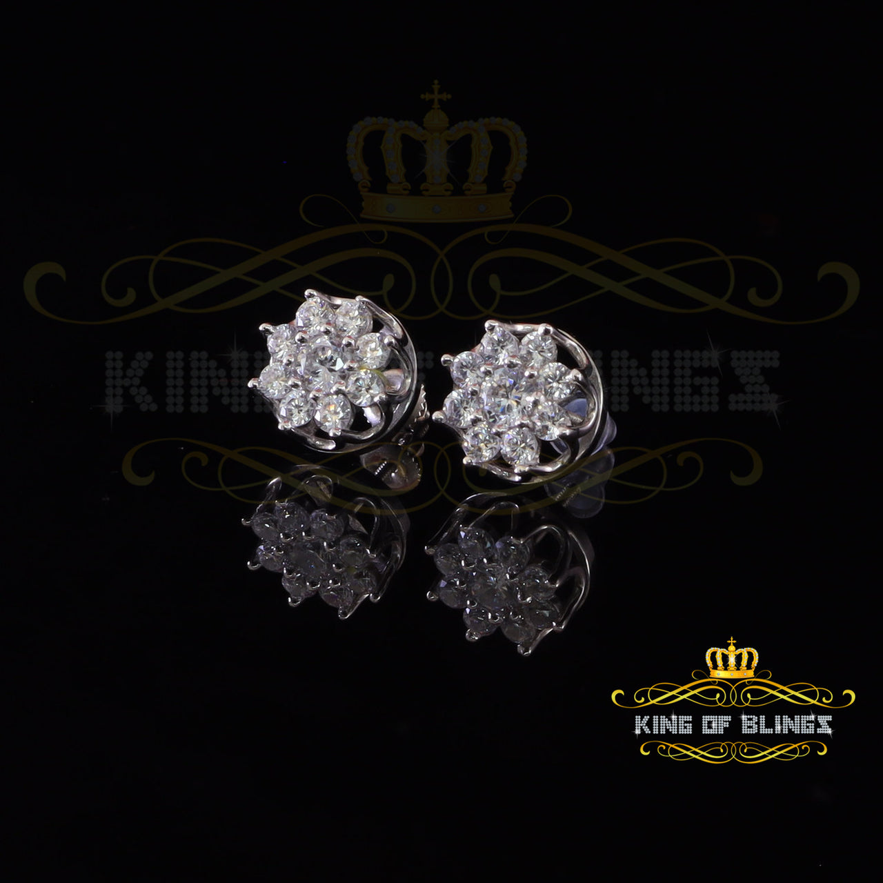 King of Bling's 3.20ct Cubic Zirconia 925 White Sterling Silver Hip Hop Flower Ladies Earrings