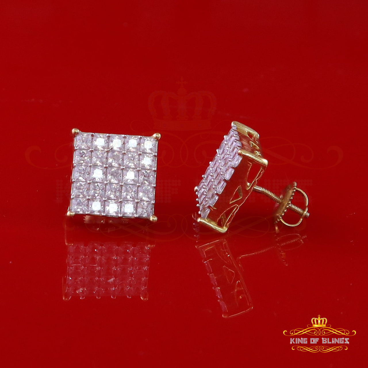 King of Bling's Yellow 925 Silver Screw Back 2.25ct Cubic Zirconia Women Hip Hop Square Earrings