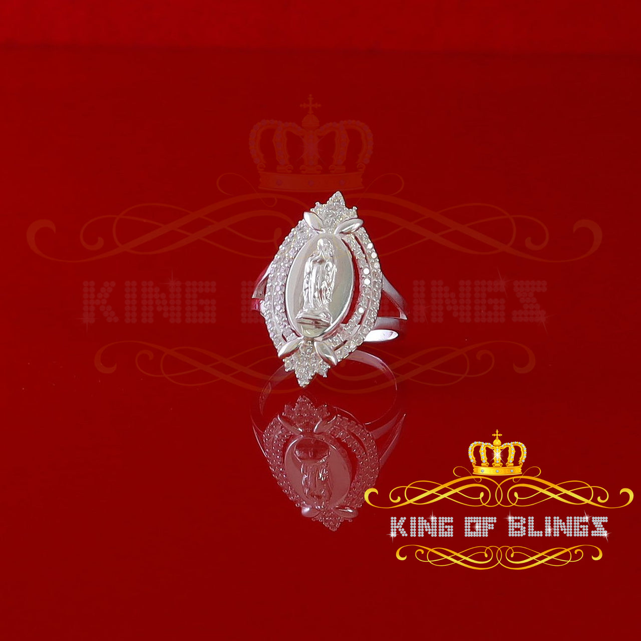 King Of Bling's925 Silver White CZ Stone Blessed Virgin Mary Miraculous Medal Women's Ring SZ