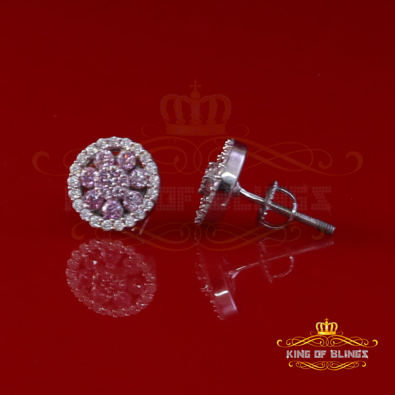 King of Bling's Women's 925 Silver White 0.66ct VVS 'D' Pink Moissanite Round Stud Earrings