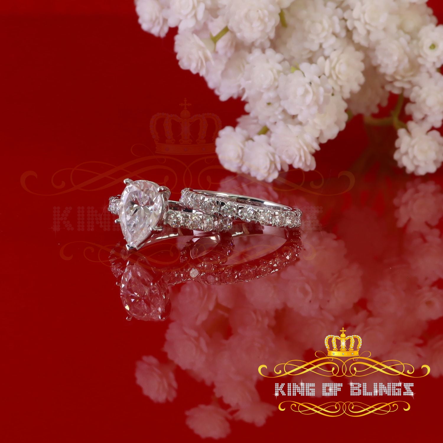 King of Bling's 7.00ct Moissanite White Sterling Silver Men/ Women Bridal Ring Pear Shape Size 8 KING OF BLINGS