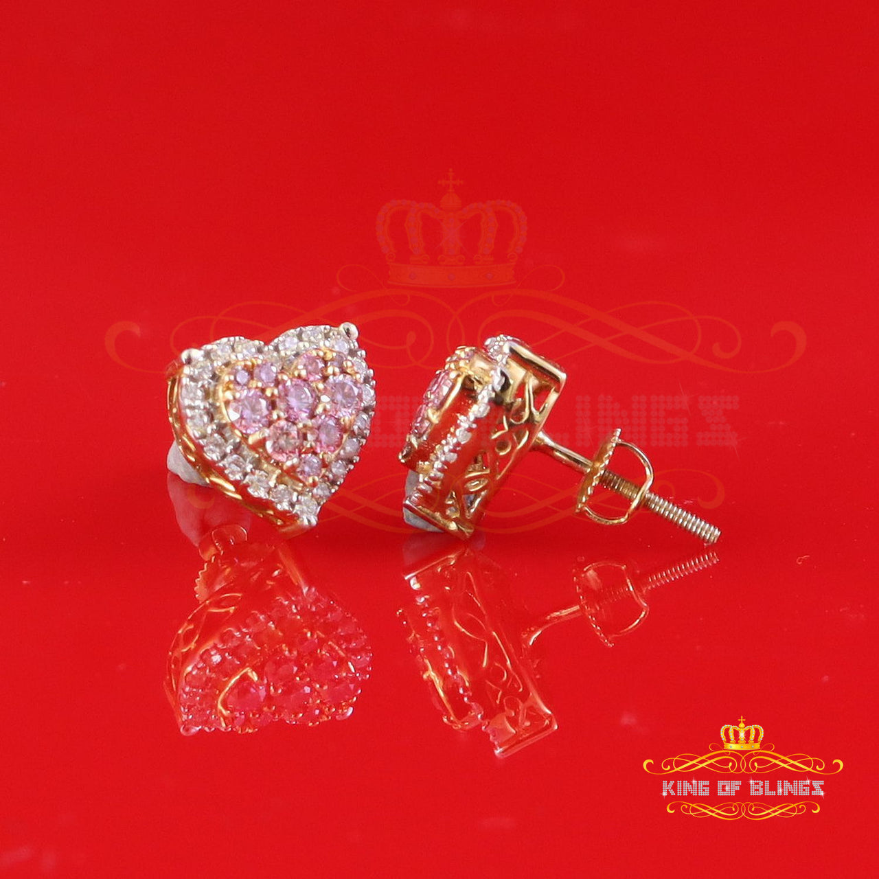 King  of Bling's New Mens/Women's 925 Silver Yellow 1.00ct VVS 'D' Pink Moissanite Heart Earrings