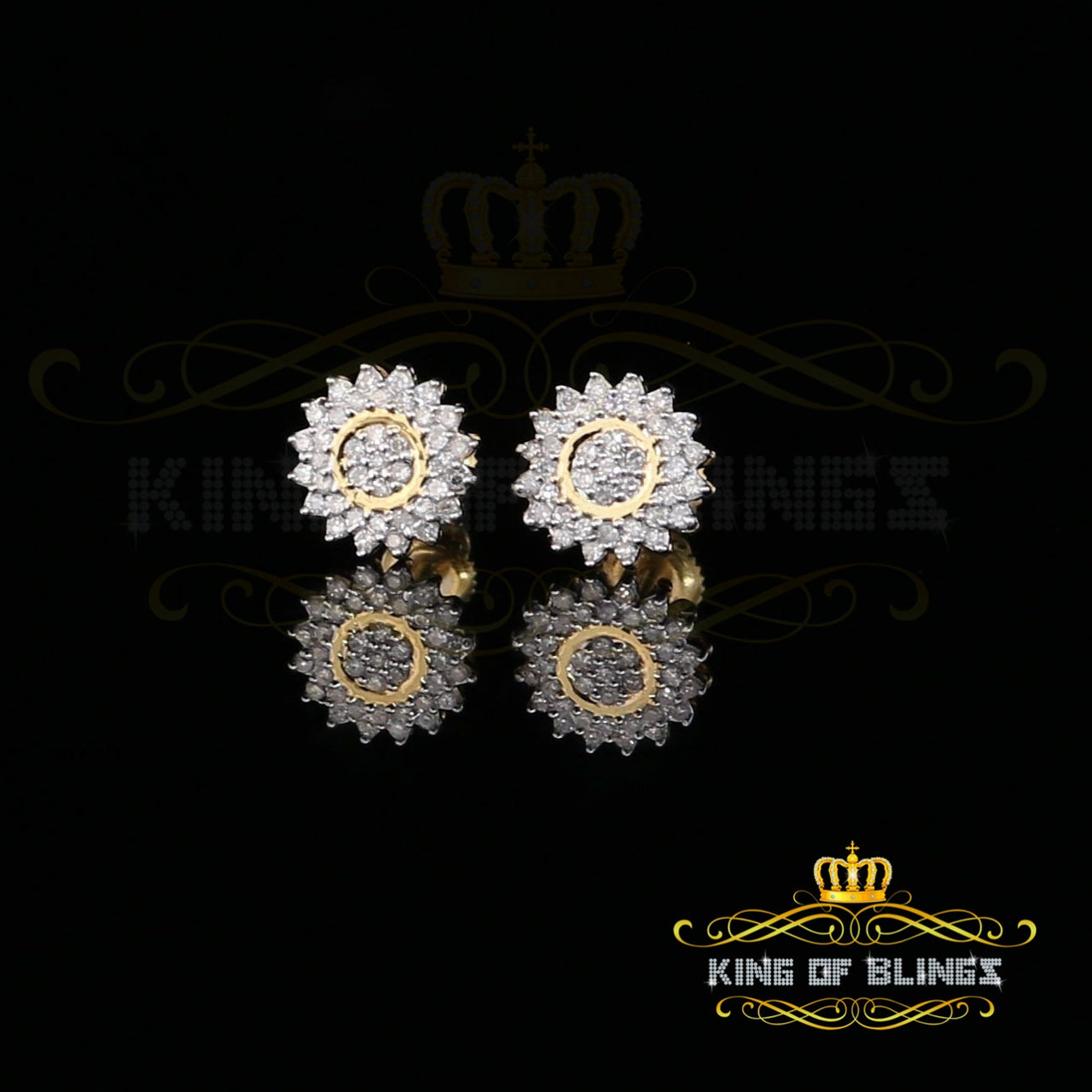 King Of Bling's 10K Real Yellow Gold with 0.35CT Real Diamond Men's/Women's Stud Floral Earrings