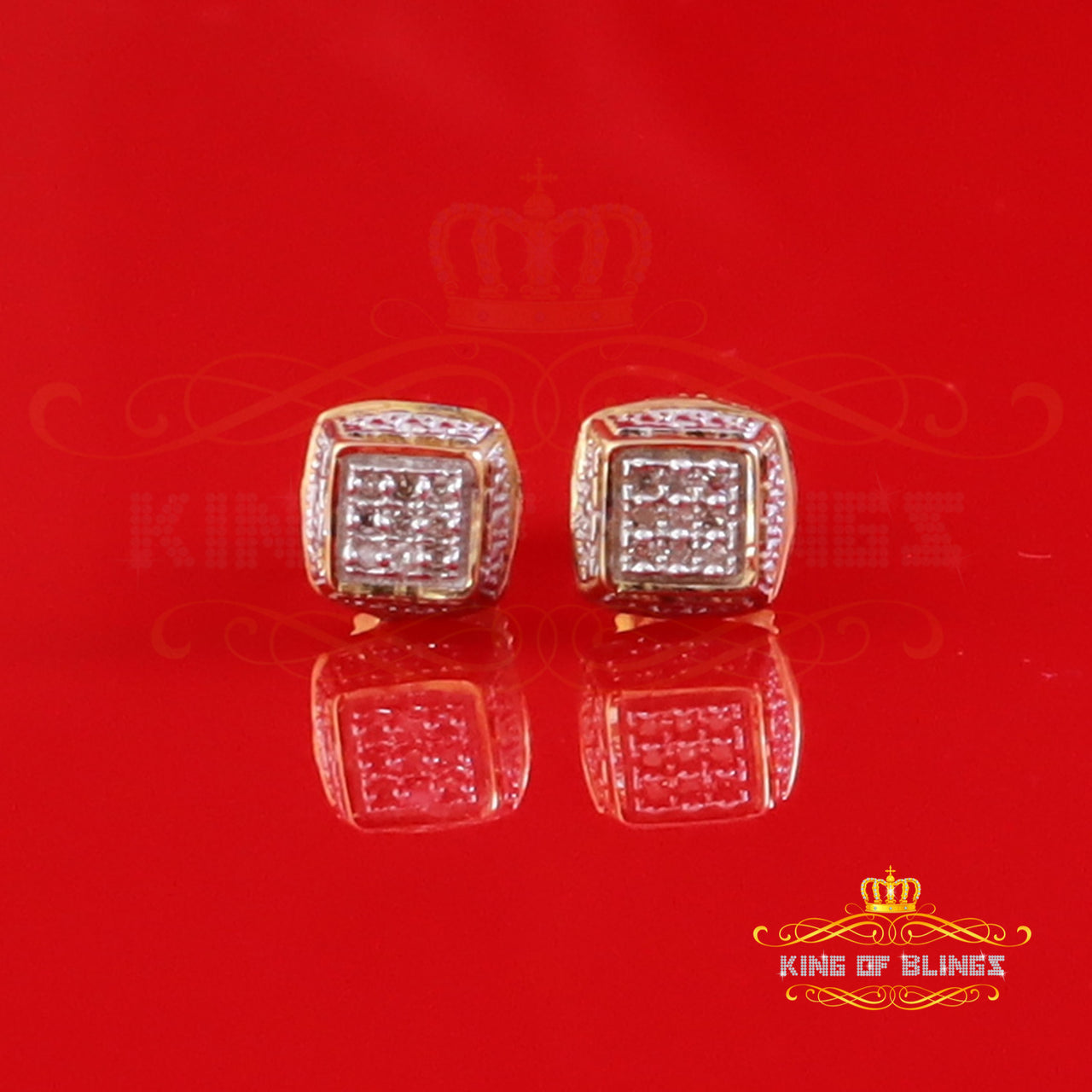 King Of Bling's 10K Real Yellow Gold with 0.05ct Diamond Stud Square Earring For Women And Men