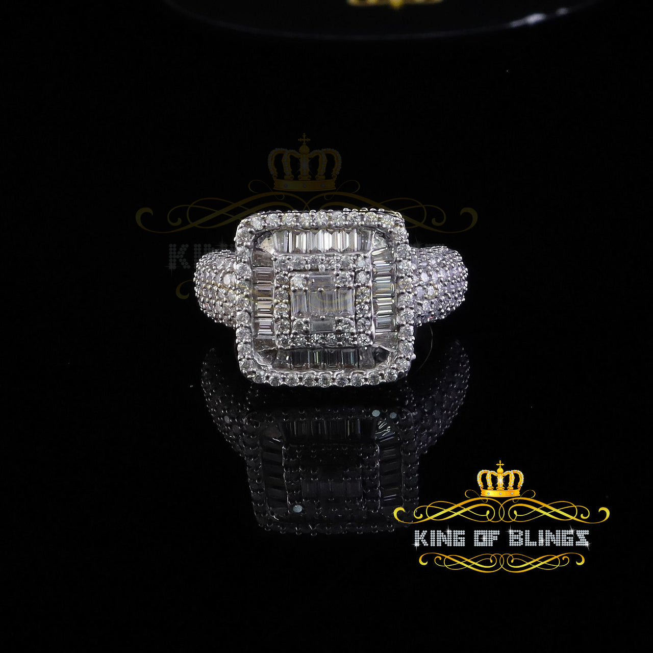 King of Bling's Men's/Womens 925 White Silver 4.50ct VVS D Moissanite Square Baguette Ring SZ 10