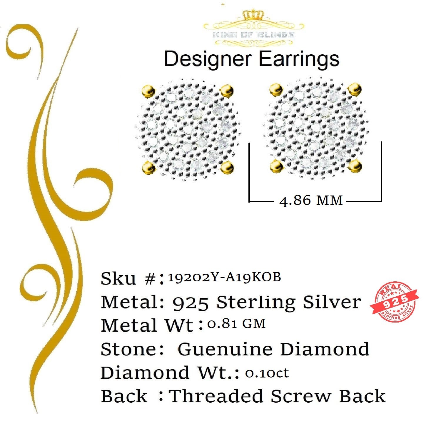 King of Blings-0.10ct Diamond 925 Sterling Silver Round Yellow Stud Earrings For Mens & Womens KING OF BLINGS