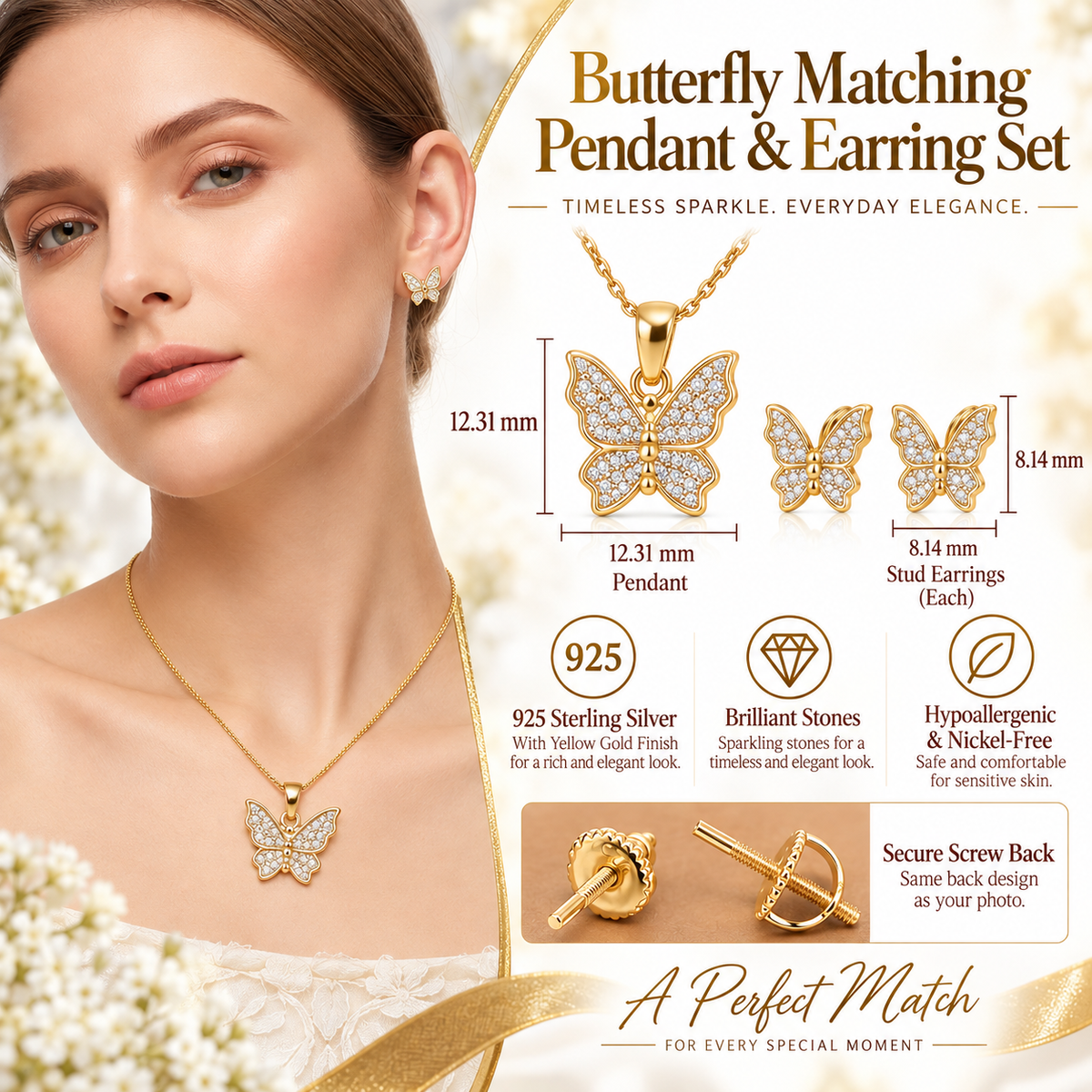 King of Bling's 925 Yellow Silver 0.33 CT Genuine Diamond Round Butterfly Pendant & Earrings Set King of Blings