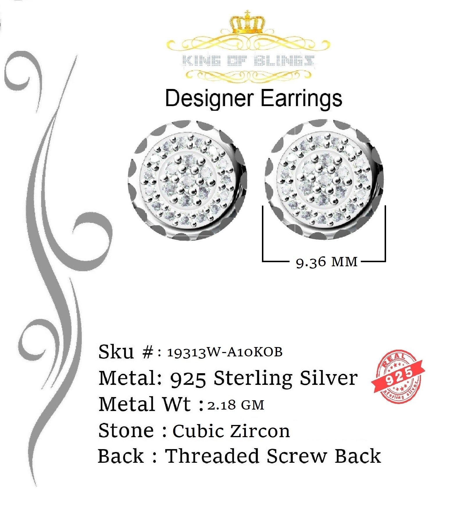 King of Blings- 3.45ct Cubic Zirconia 925 White Silver Women's & Men's Hip Hop Round Earrings KING OF BLINGS