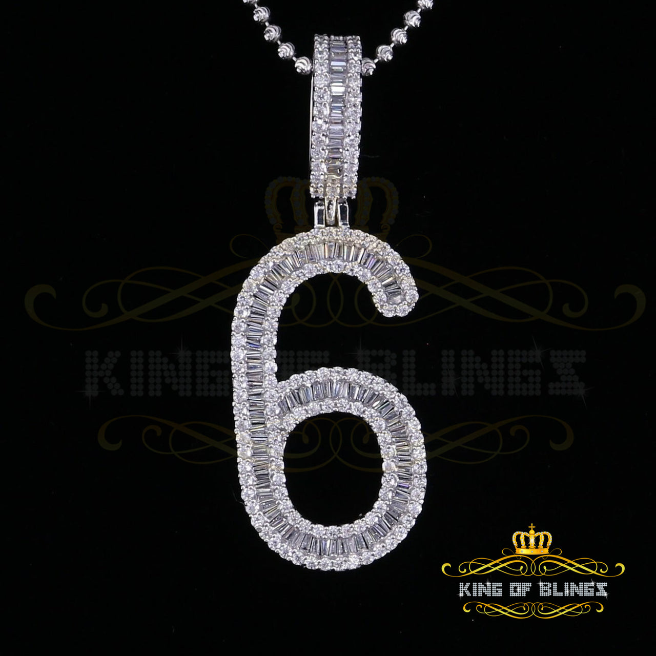White Sterling Silver Baguette Numerical Number '6' with 4.86ct Cubic Zirconia KING OF BLINGS