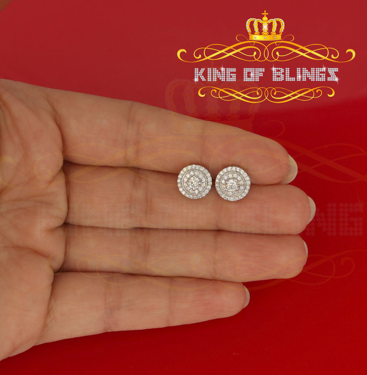 King of Bling's White Silver 925 Aretes Para Hombre 0.92ct Cubic Zirconia Women's Round Earring