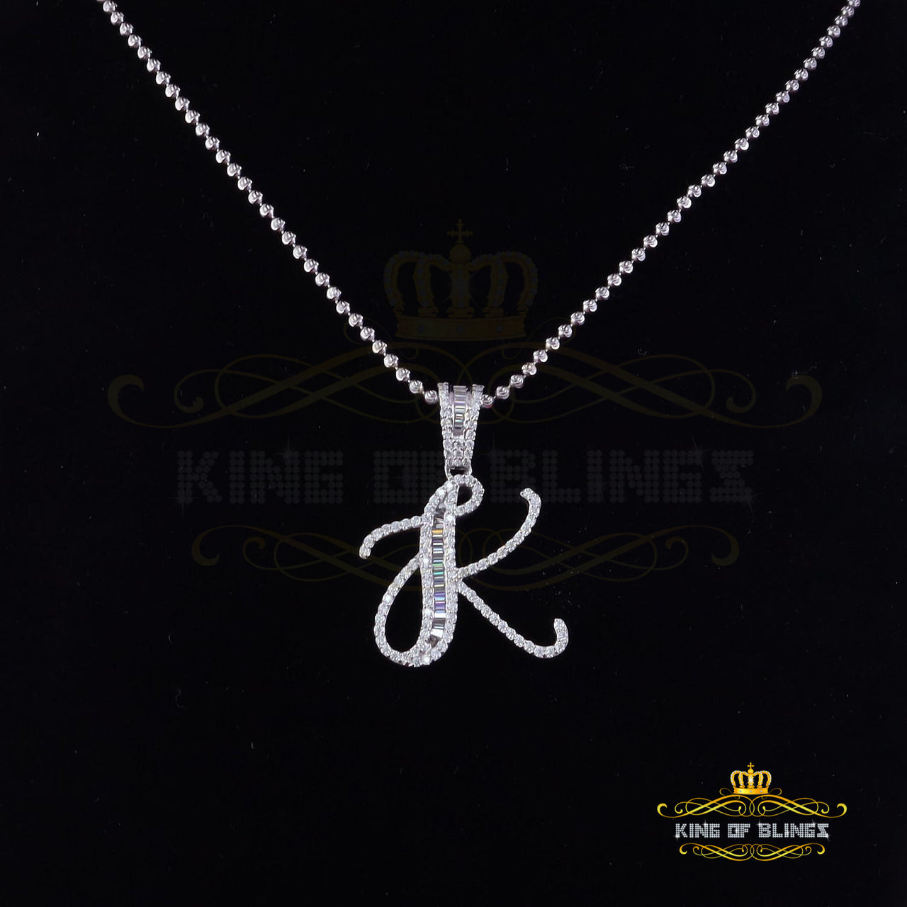 King Of Bling's 925 White Silver 2.0ct VVS D Clr. Moissanite K Letter Baguette Pendant for Men's/Women's