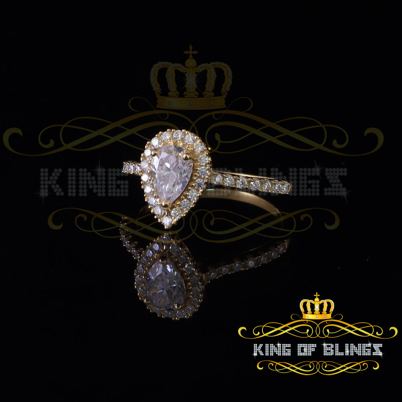 King Of Blings  10K Yellow Gold 1.50CT 'VVS' 'FL' D clr Pear Cut Moissonite Womens Ring Size 7