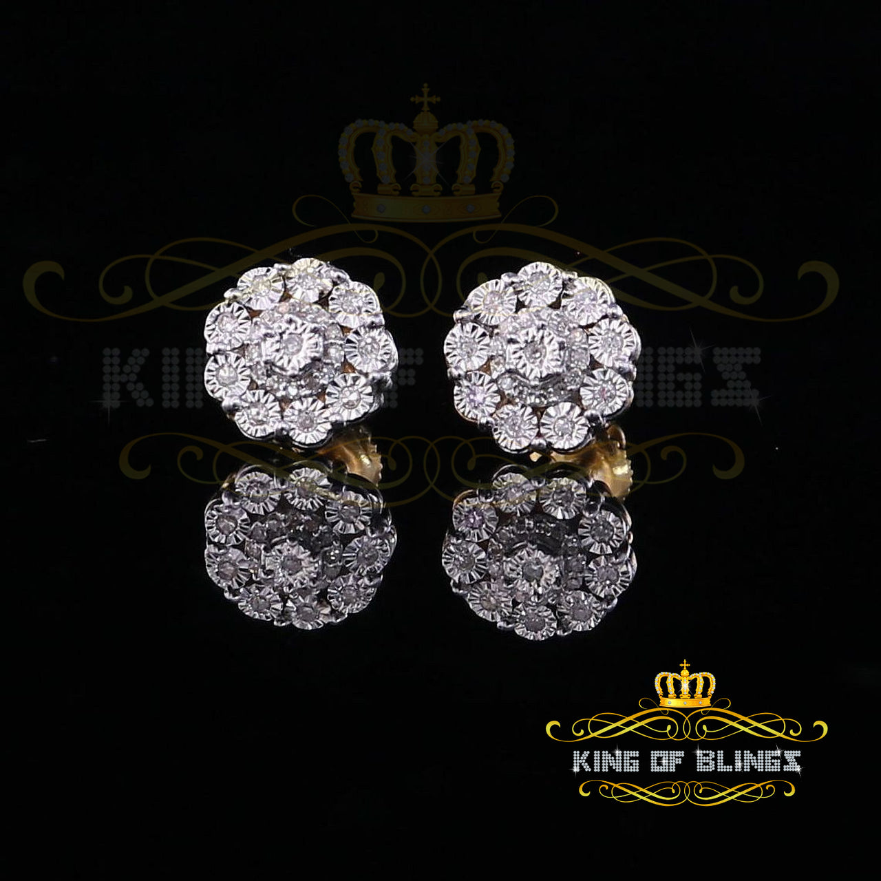 King Of Bling's 10K Real Yellow Gold Real Diamond 0.15CT Men's/Women's Round Stud Micro Earring