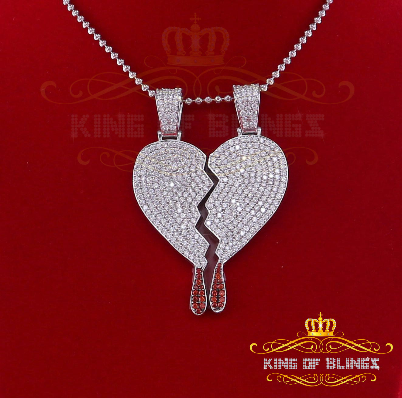 White 925 Sterling Silver Broken Heart Shape Size Pendant 10.41ct Cubic Zirconia KING OF BLINGS