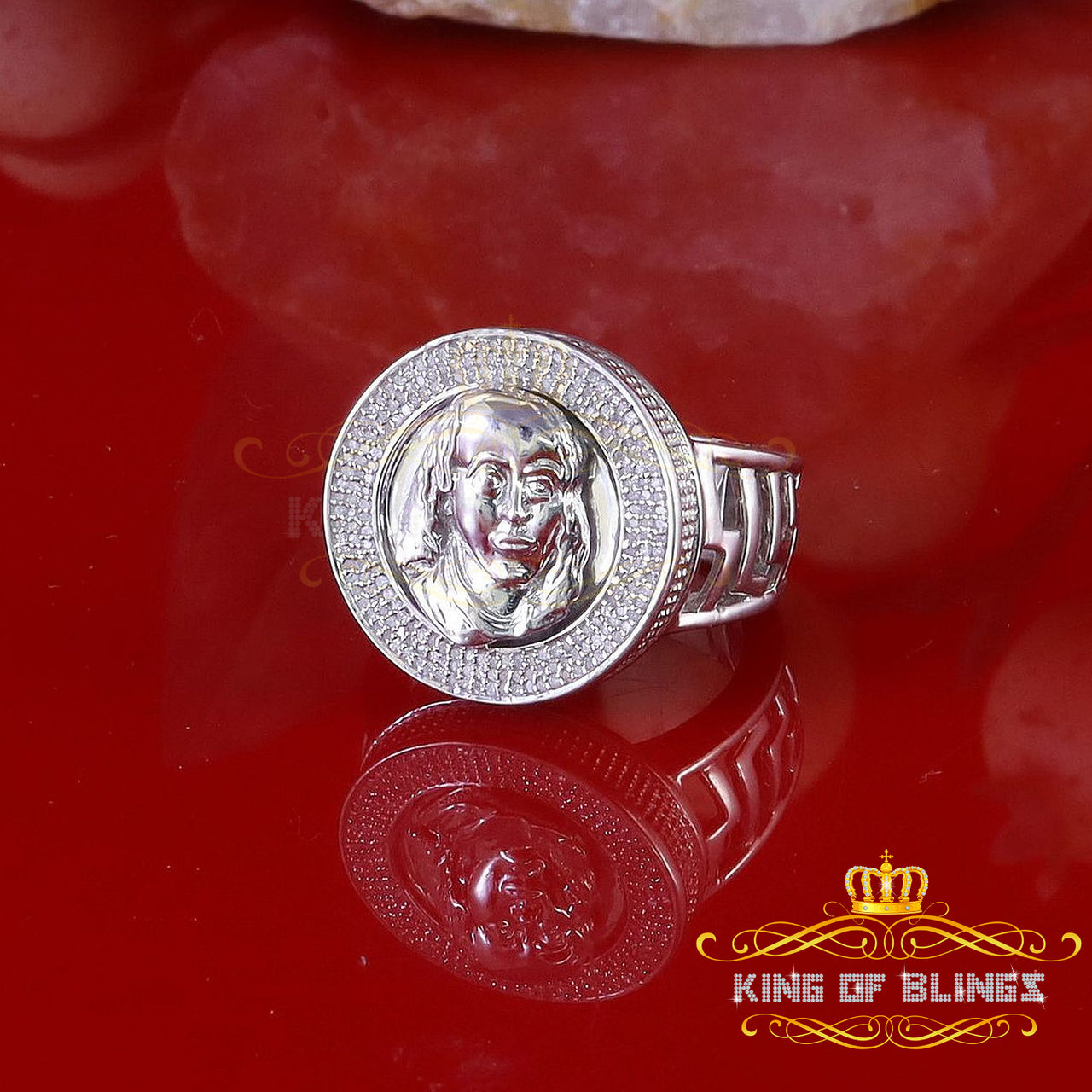 King Of Bling's Men's 0.40CT Silver Diamond White Silver Round Adjustable Ring From SZ 10 to 12