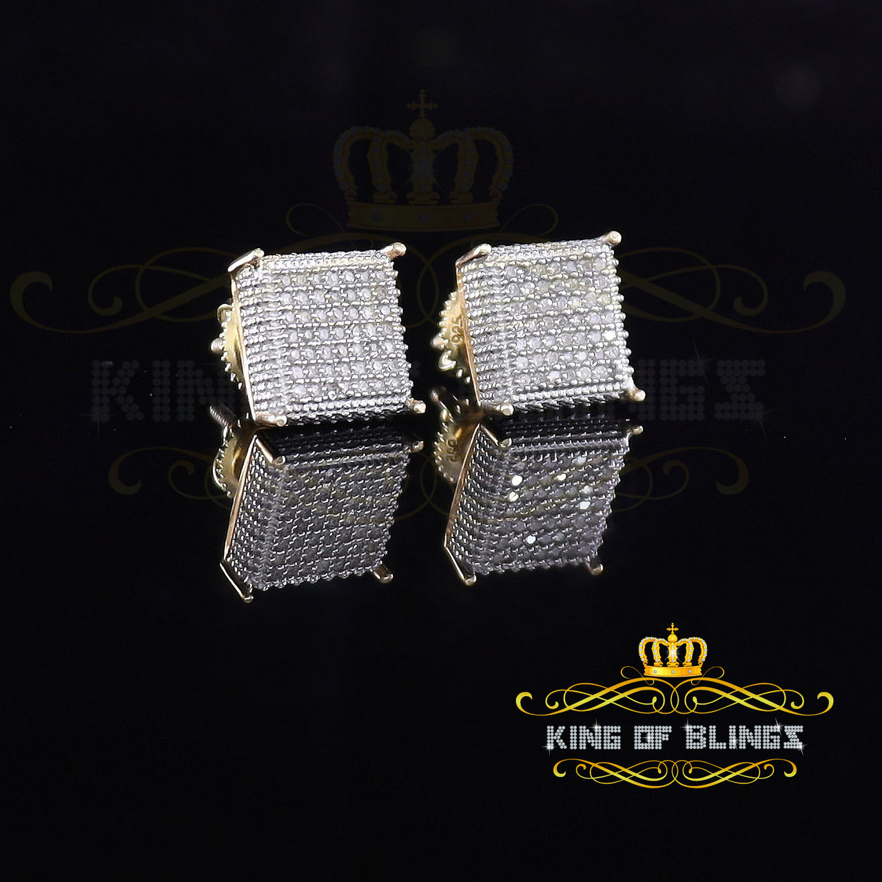 King of Blings-925 Sterling Square-Shape Yellow Silver 0.25ct Diamond Women's /Men's Earrings
