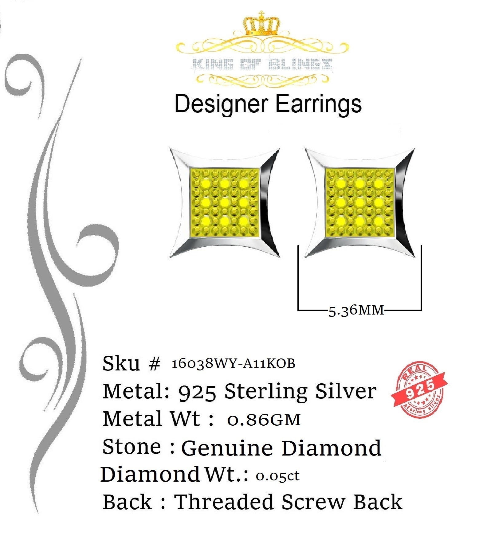 King Of Bling's 0.05ct Diamond 925 Sterling Silver White Stud Women's/ Men's Kite Shape Earrings KING OF BLINGS