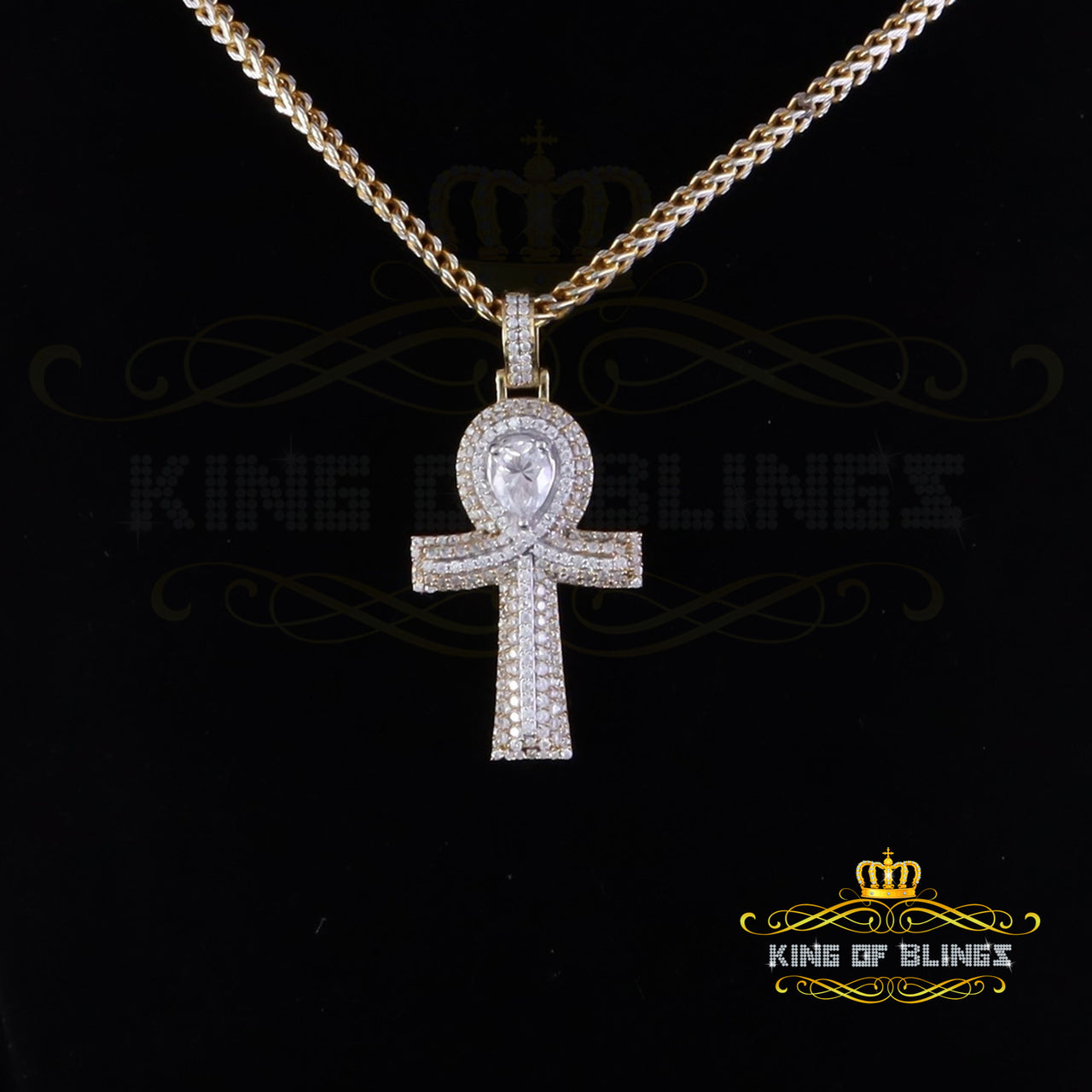 King Of Bling's 4.00ct VVS D Moissanite Yellow Center stone Pear Silver Charm Ankh Mens Pendant KING OF BLINGS