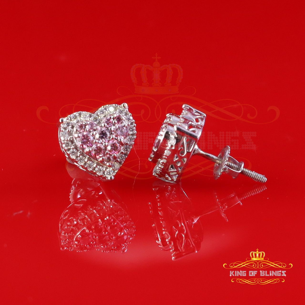 King of Bling's New Men's/Women's 925 Silver White 1.00ct VVS 'D' Pink Moissanite Heart Earrings