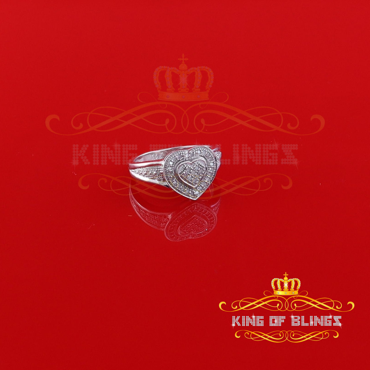 King Of Bling's 925 White Sterling Silver 0.15CT Diamond Shiny Promise Heart Womens Ring Size 7