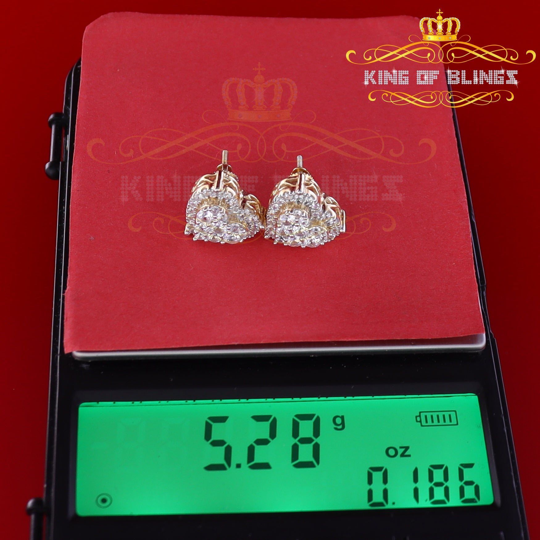 King of Bling's Aretes Para Hombre 925 Yellow Silver 2.68ct Cubic Zirconia Heart Women's Earring KING OF BLINGS